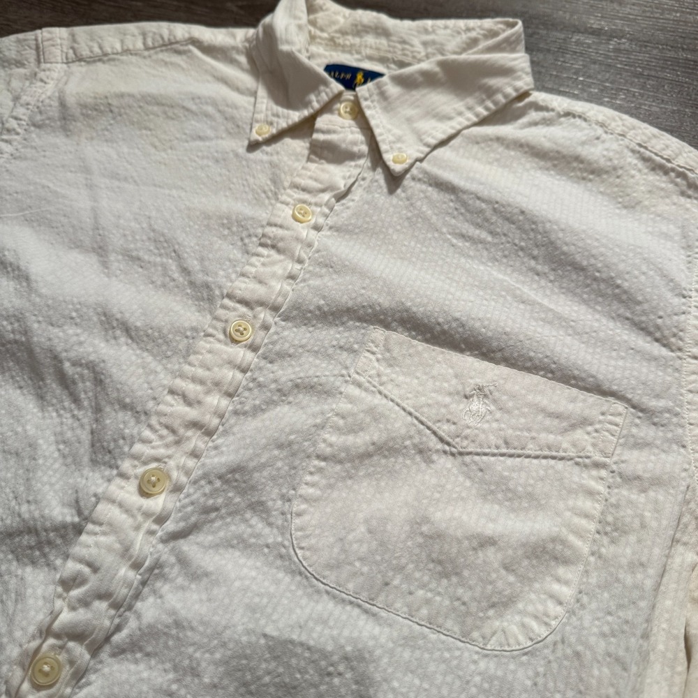 Ralph Lauren Shirt Mens Large White Seersucker Short Sleeve Pony Costal Resort